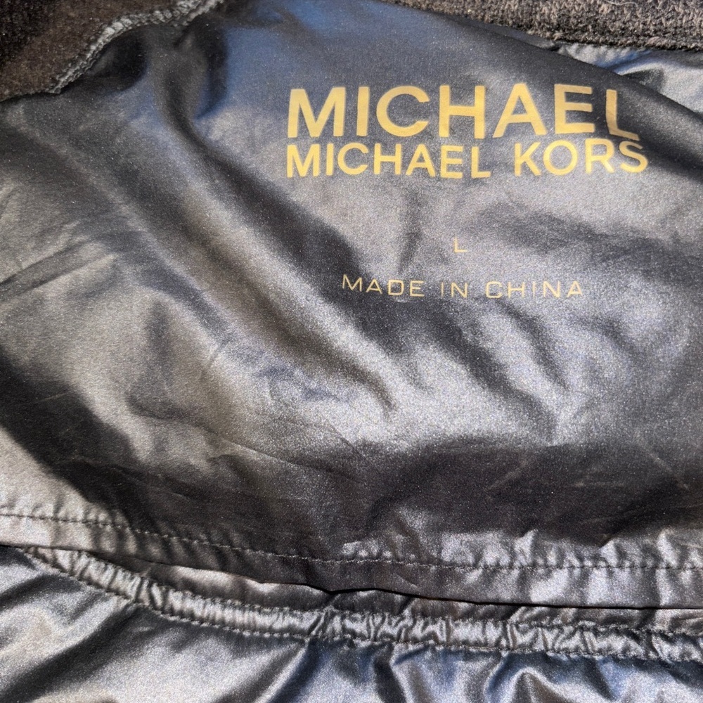Michael Kors Black brown Hi low down Puffer Jacket with Gold MK Accents - Picture 16 of 16